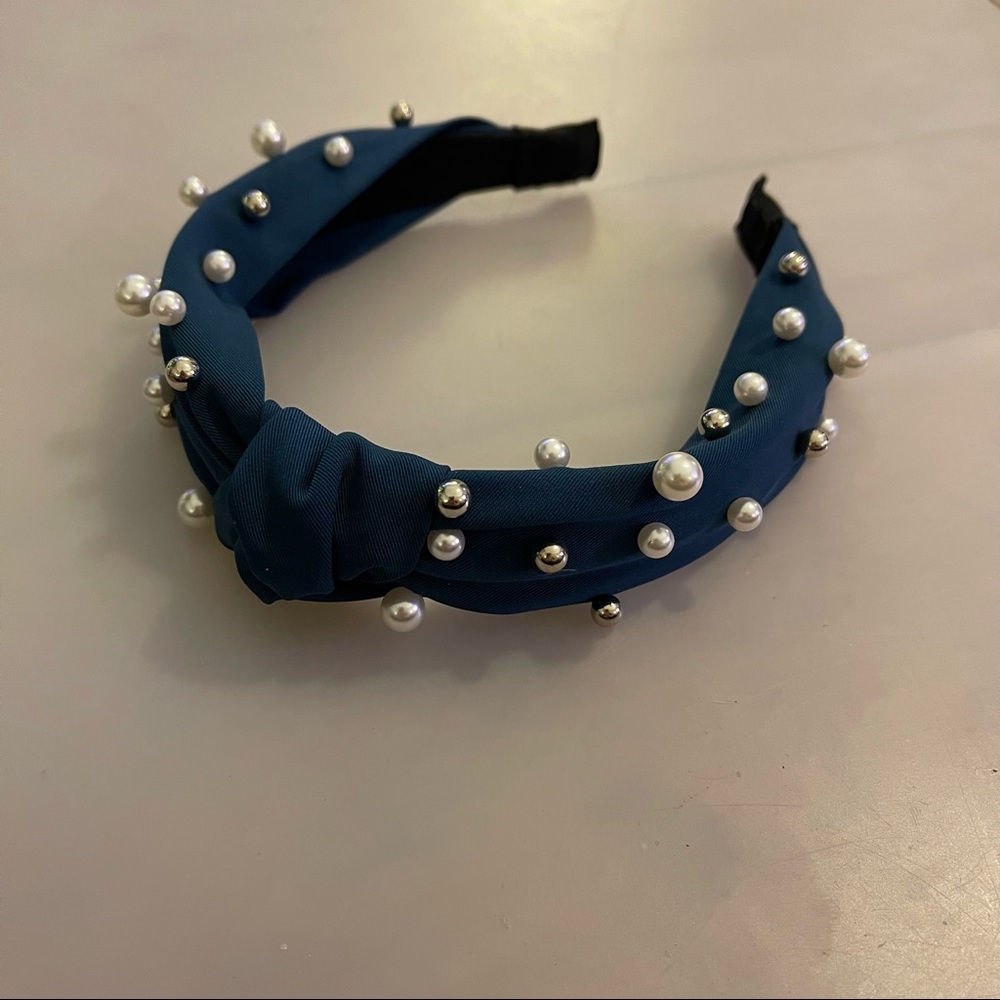 Blue knotted fabric headband with blue and silver ball beads